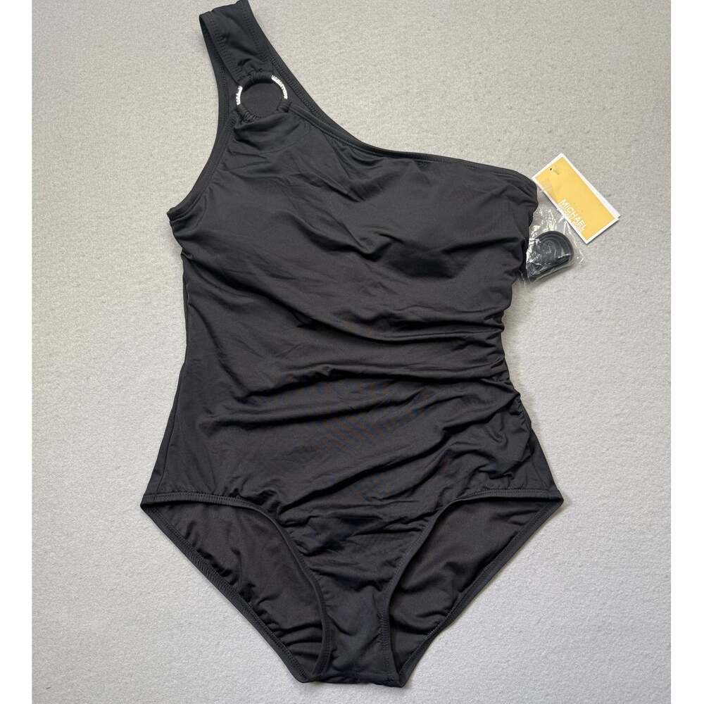 Michael Kors Embellished One-Shoulder Underwire One-Piece Swimsuit Black 14 $106